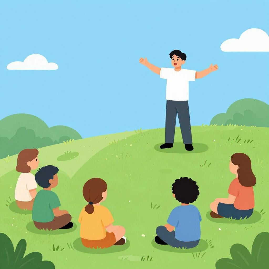 Une personne enthousiaste debout sur une petite colline, faisant un geste avec les bras ouverts vers une petite foule.