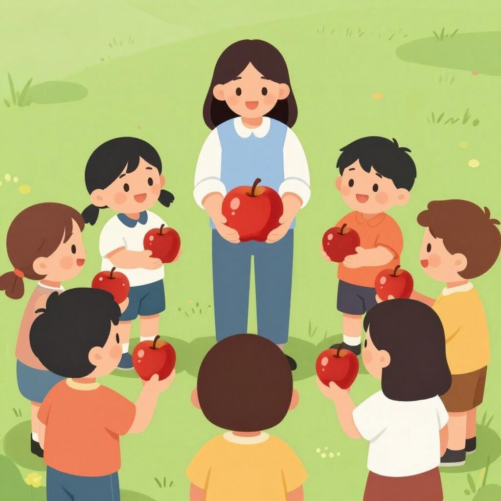 A friendly person handing out shiny red apples to a group of smiling children.