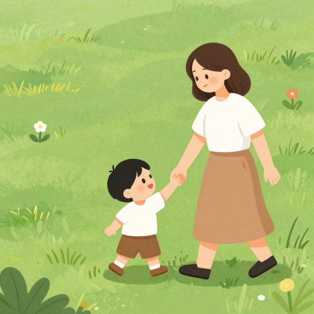 Uma criança segurando a mão de um adulto enquanto caminha num parque.