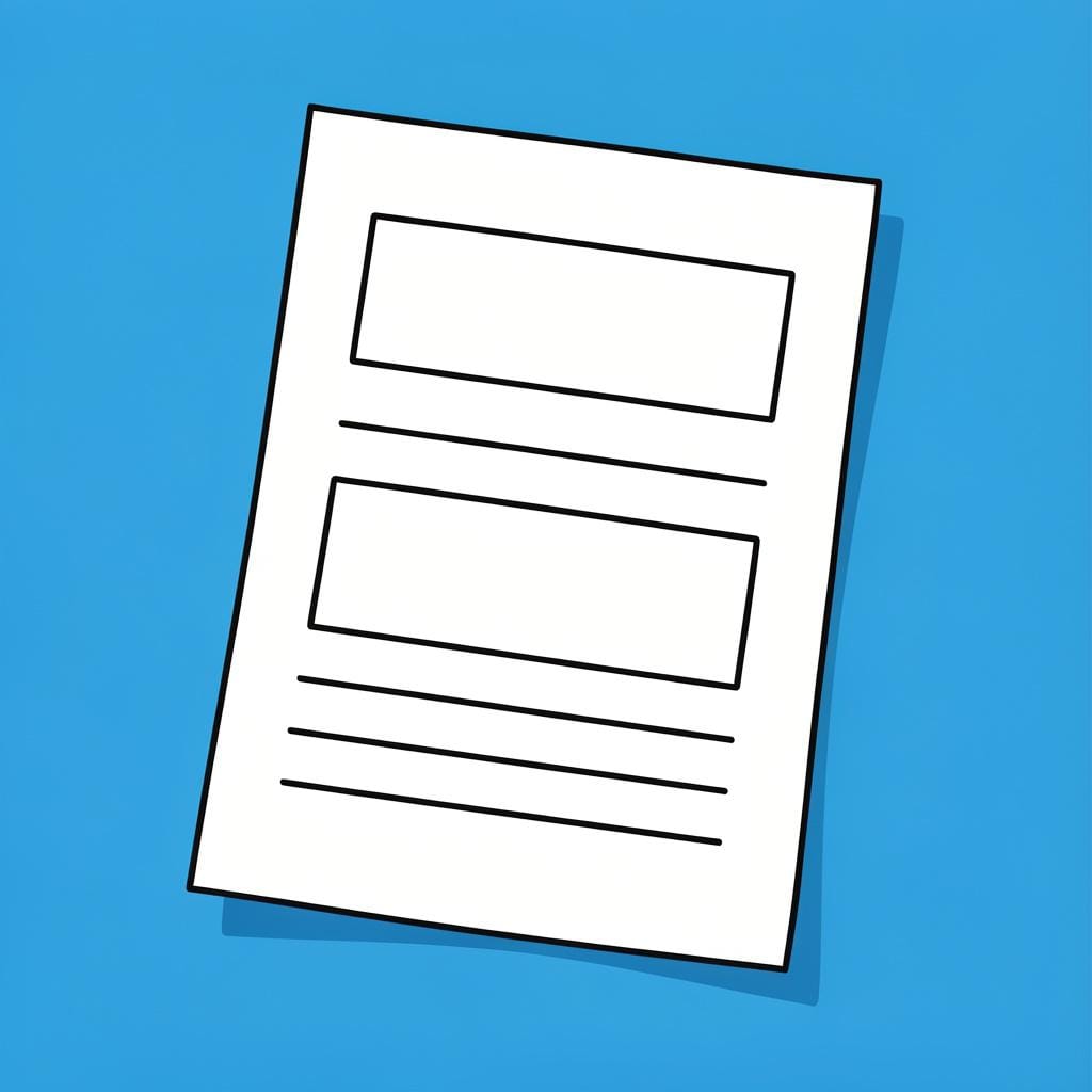 A colorful storybook illustration of a single paper document with several empty rectangular boxes and small lines for writing.