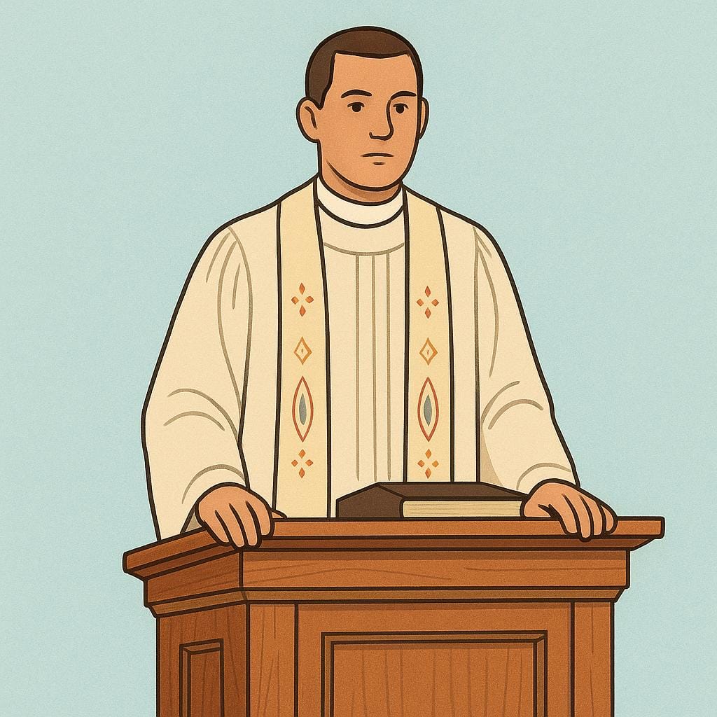 A formal portrait illustration of a man in traditional religious vestments, standing upright in a wooden pulpit.