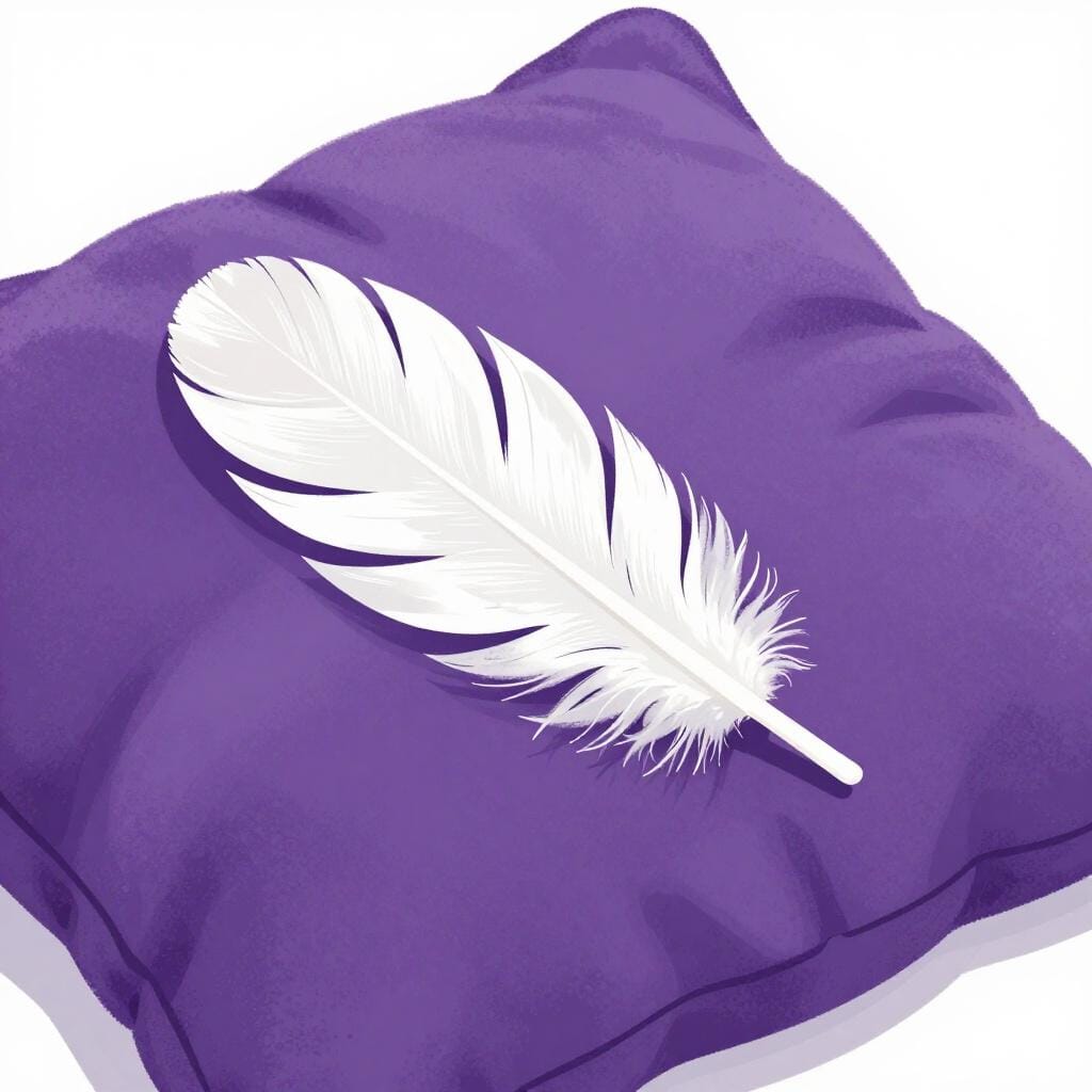 A fluffy, white feather resting on a plush, velvet cushion.