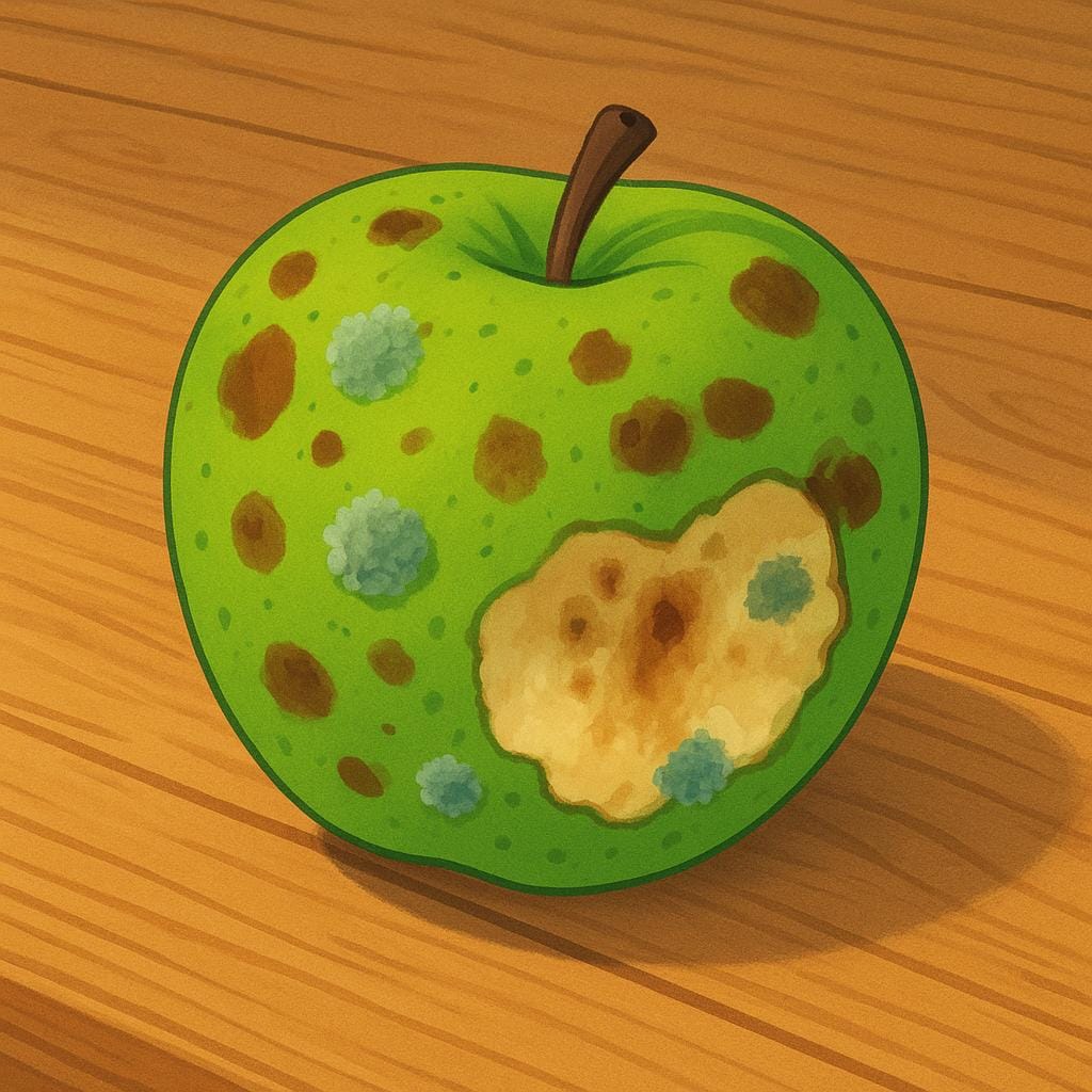A half-eaten green apple covered in visible brown spots and mold, sitting on a wooden counter, indicating it is expired.