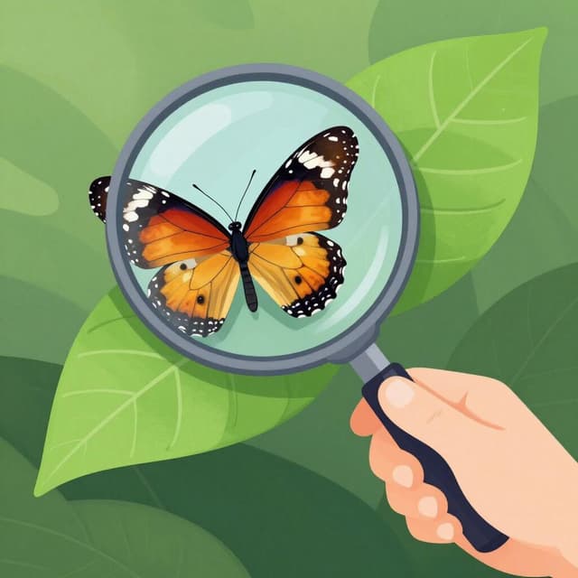 A bright magnifying glass focusing on a colorful butterfly sitting on a leaf.