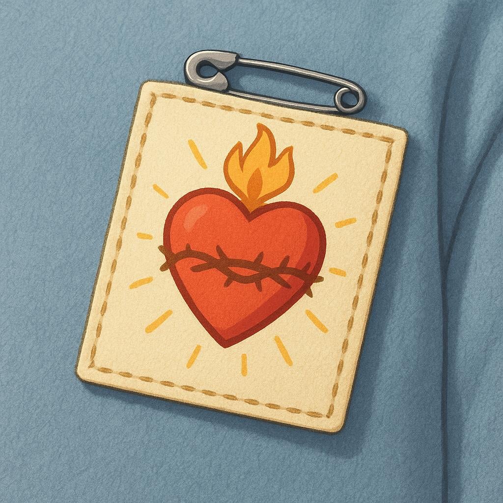 A small, square devotional badge (a scapular) made of white and red fabric, featuring a simple, stylized drawing of a heart, pinned onto a piece of clothing.