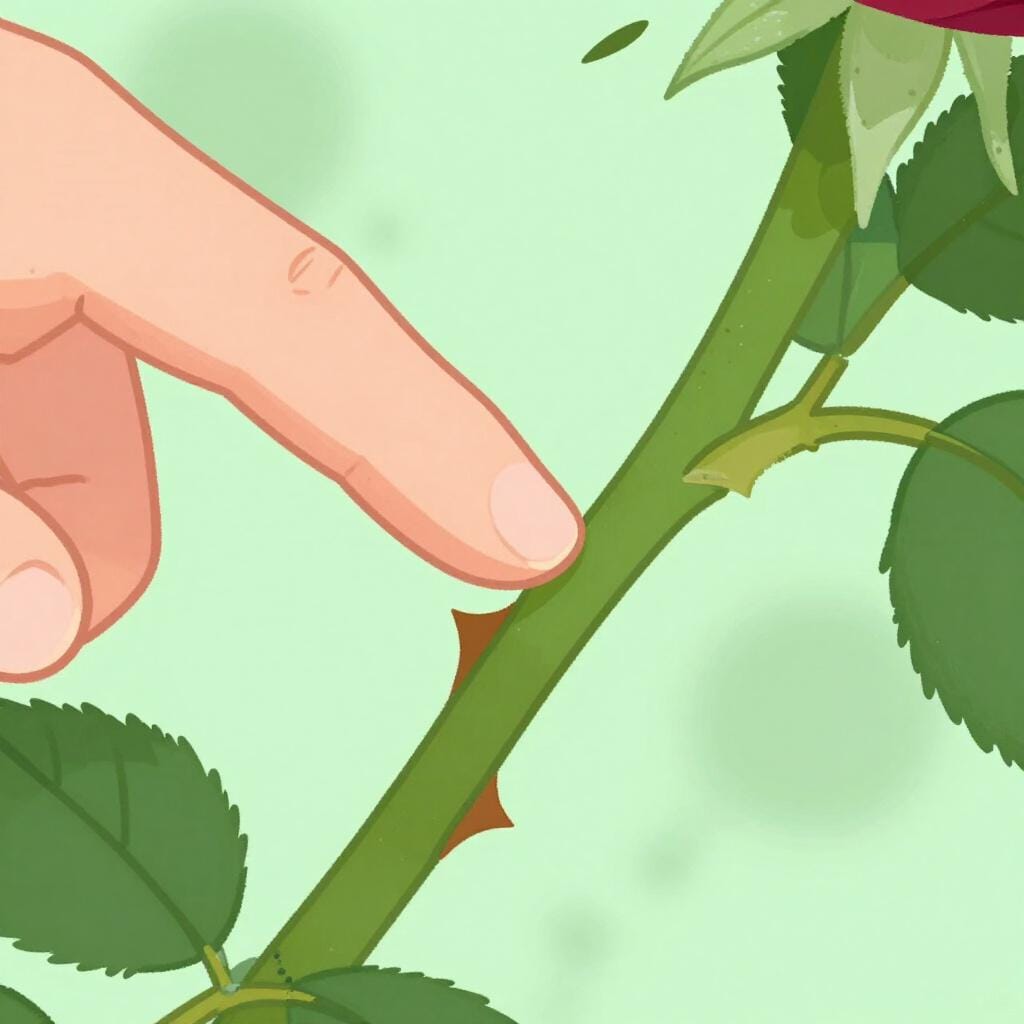 Um close-up de um dedo sendo levemente picado por um único espinho verde de um caule de rosa.