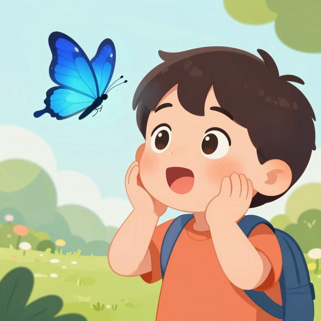 A child with wide eyes and an open mouth looking at a glowing, magical butterfly.