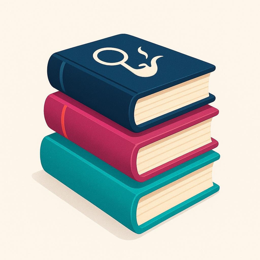 A stack of colorful books, with the top book featuring simple drawings of a magnifying glass and a lit pipe, symbolizing the mystery genre.