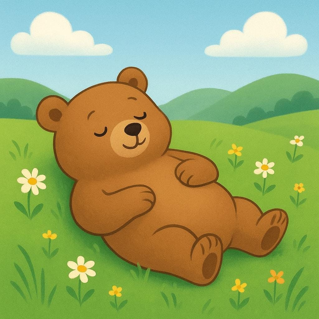 A simplified cartoon brown bear is lying flat on its back in a bright green meadow, completely relaxed with its eyes closed and a peaceful expression.