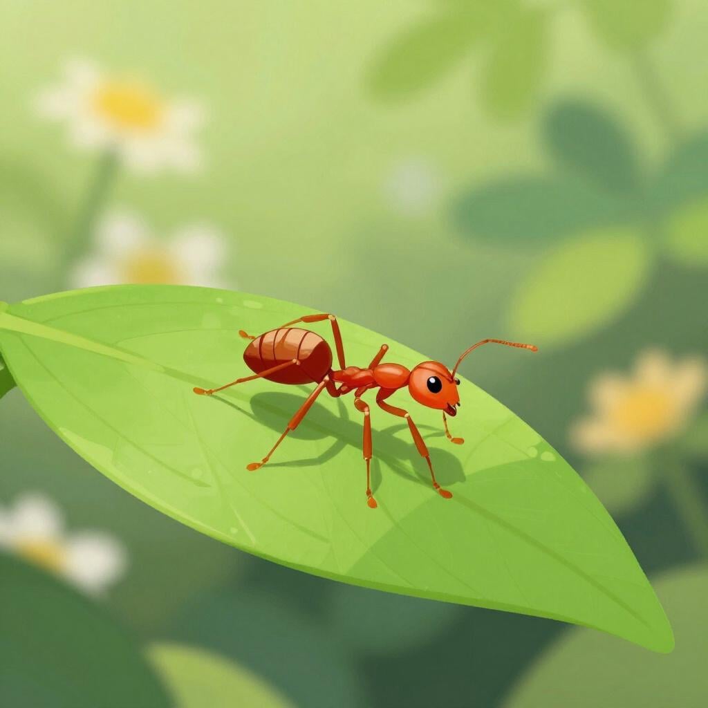 Eine kleine, detaillierte rote Ameise, die auf einem grünen Blatt läuft.