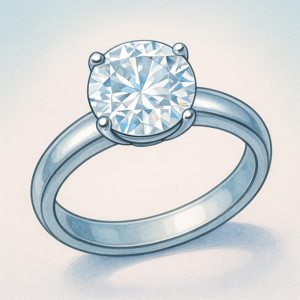 Een close-up van een elegante zilveren ring met één grote, briljant geslepen diamant op een eenvoudige band.