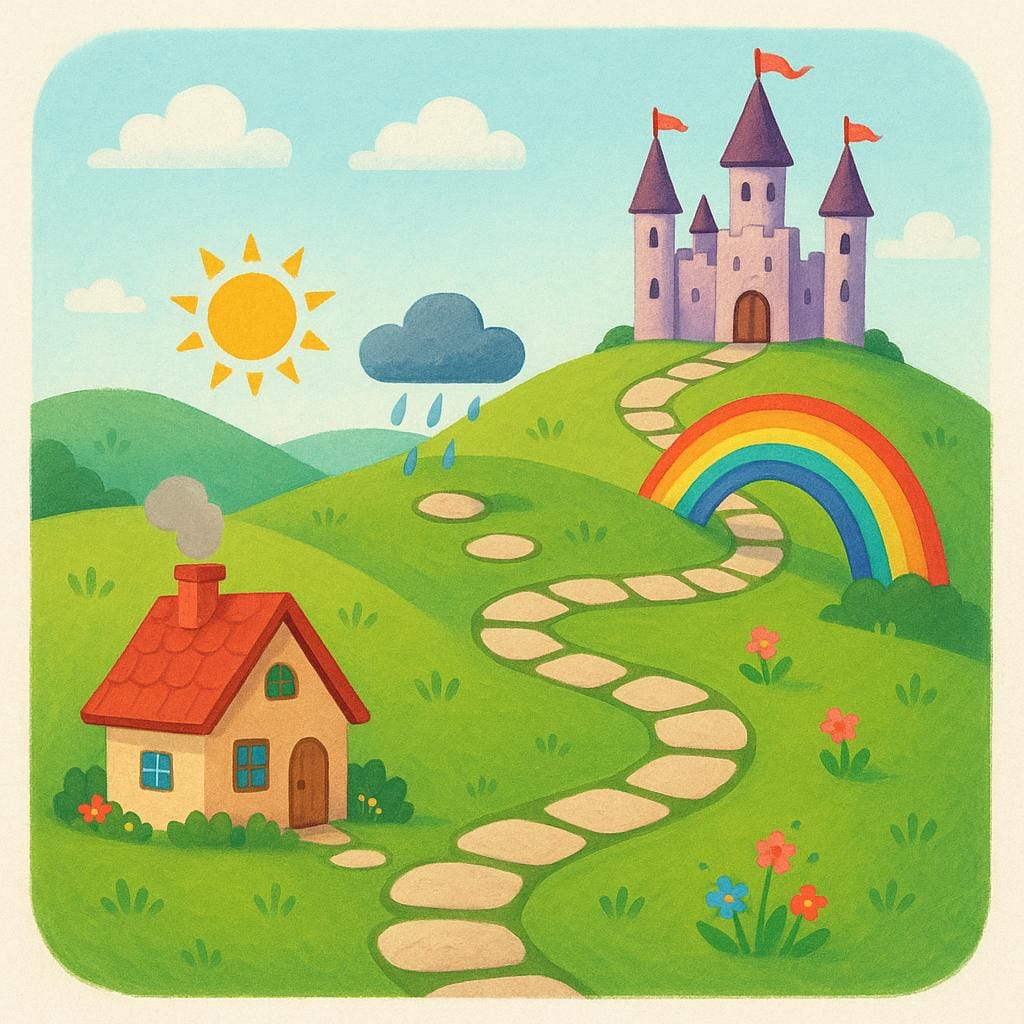 A colorful storybook illustration depicting a winding path that represents a narrative plot, starting at a small house and leading to a castle, symbolizing the beginning, middle, and end of a story.