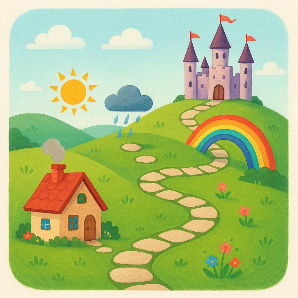 A colorful storybook illustration depicting a winding path that represents a narrative plot, starting at a small house and leading to a castle, symbolizing the beginning, middle, and end of a story.