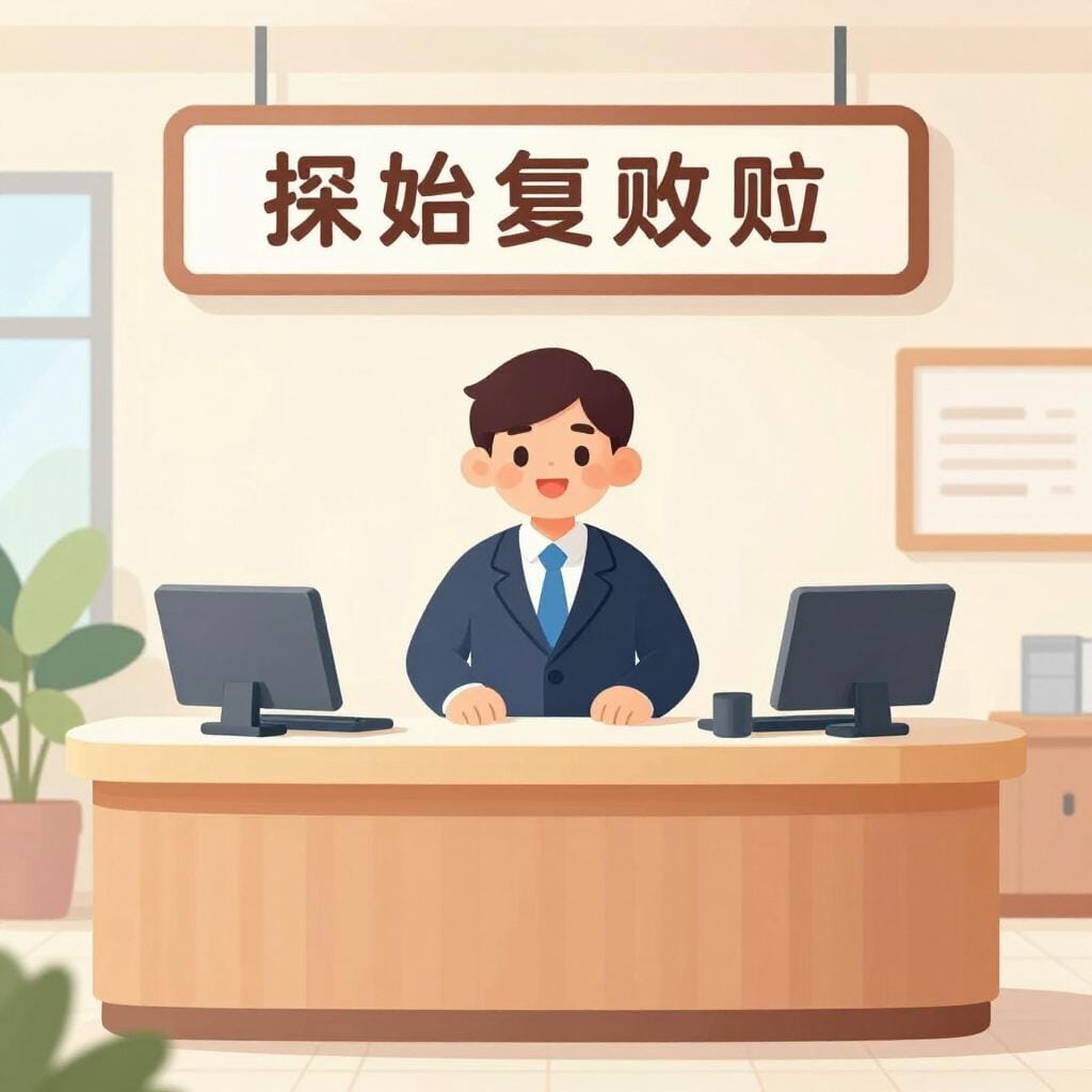 Een vriendelijk persoon in een professioneel pak, staand achter een marmeren balie in een statig gebouw.