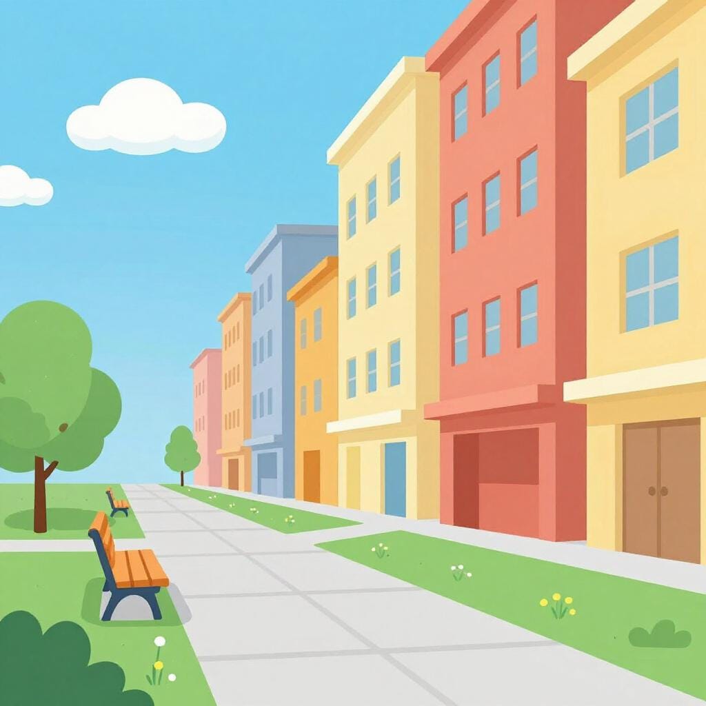 A bustling city street with tall buildings and a sidewalk.