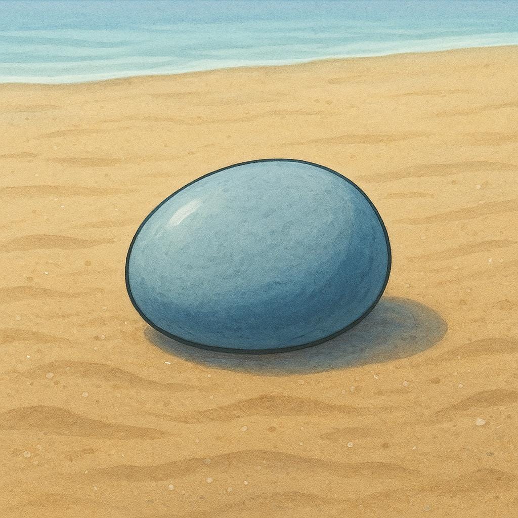 A colorful illustration of a small, smooth, gray pebble resting on wet sand near water.