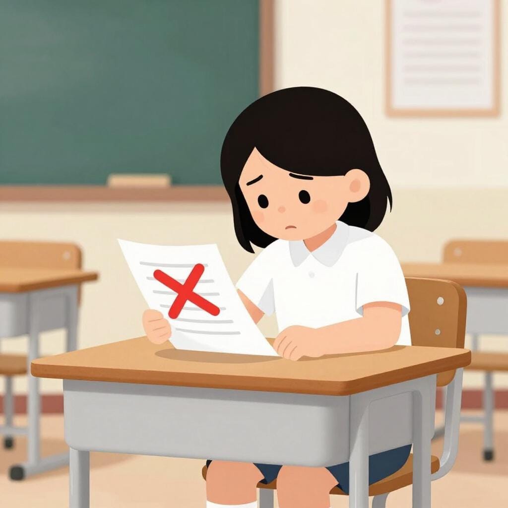 Um estudante triste sentado a uma secretária de madeira com um papel mostrando um grande sinal de 'X' vermelho.