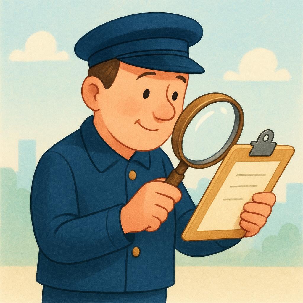 A character wearing a simple official uniform jacket and a peaked cap, holding a large magnifying glass and intently examining a clipboard.