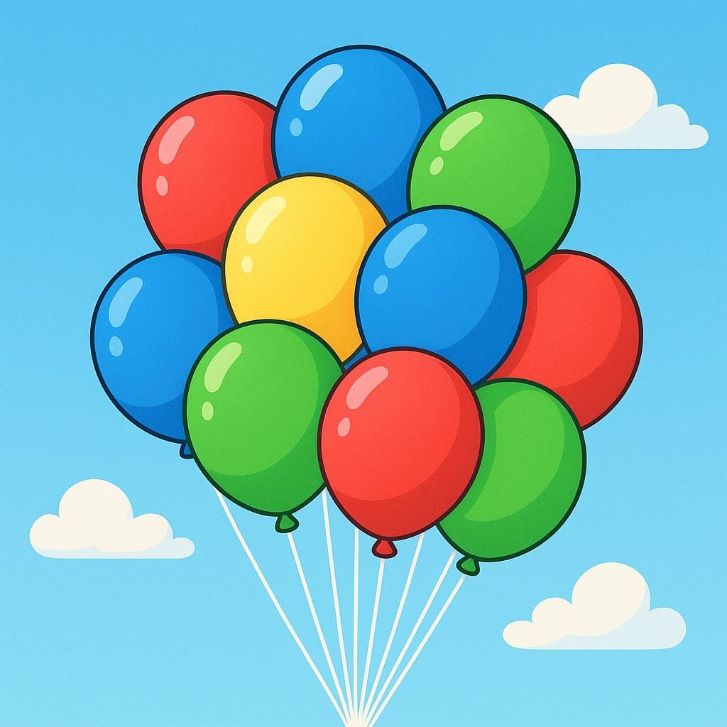 A large cluster of ten brightly colored balloons (red, blue, yellow, green) tied together and floating against a light, simple background.