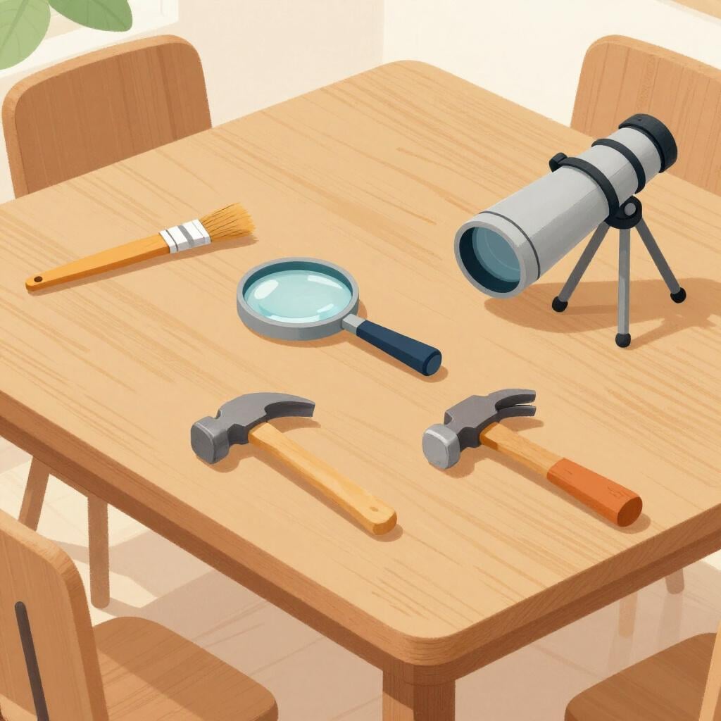 A wide variety of different tools and objects spread out on a large table.