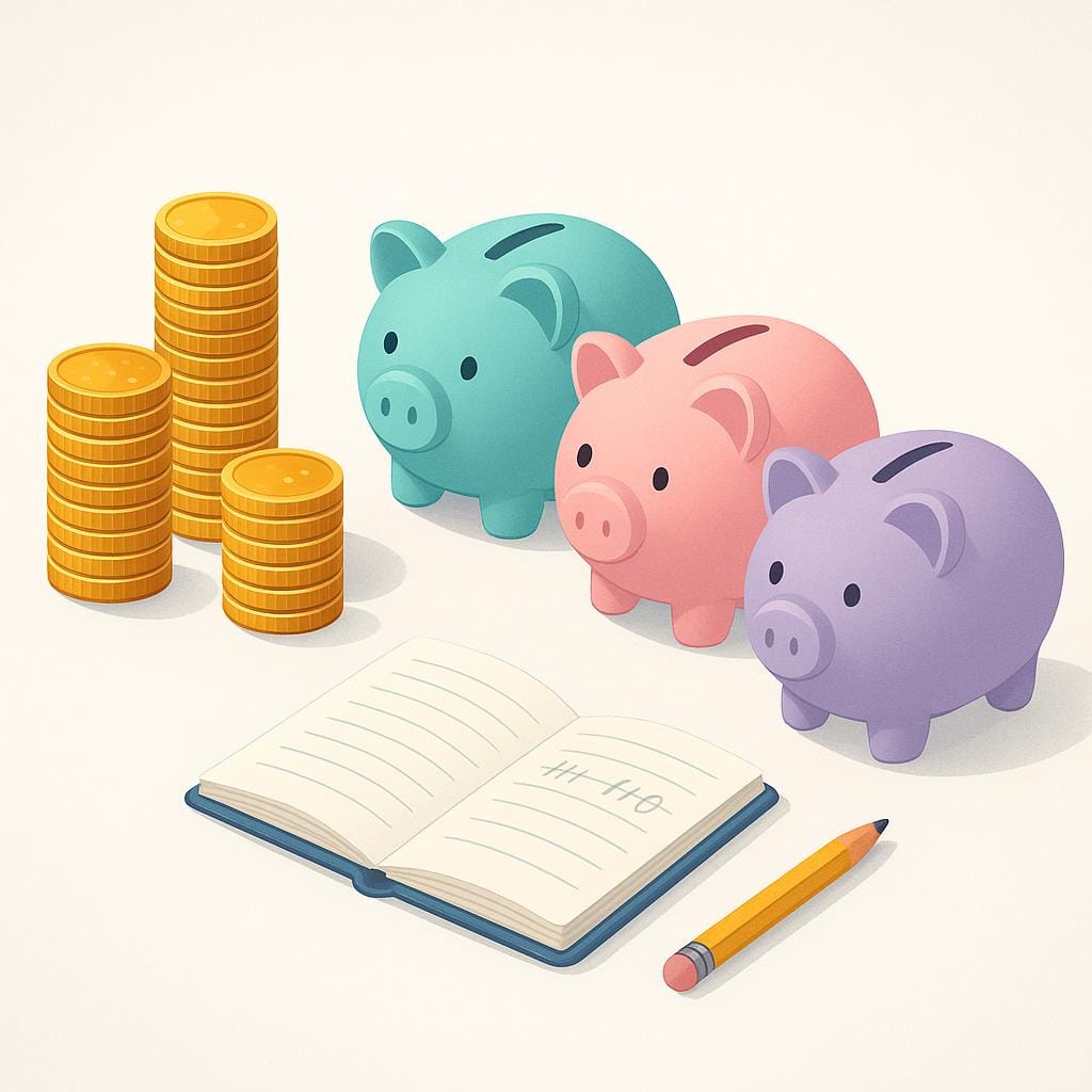 Three stacks of coins of different sizes next to three distinct colored piggy banks, illustrating the concept of allocating funds.