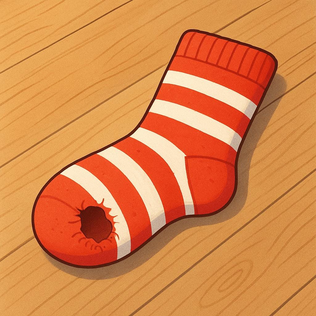 Un calzino colorato con un grande buco visibile vicino alla punta, che indica usura dovuta all'uso ripetuto.