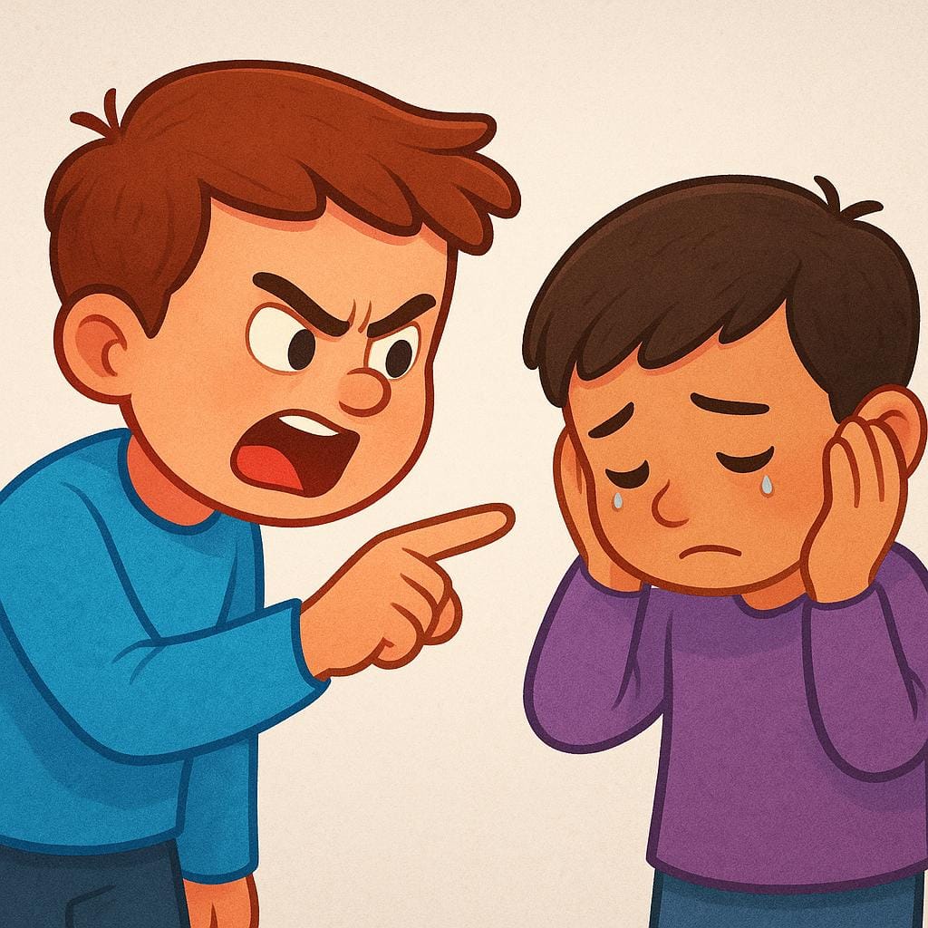 A figure with an angry expression aggressively pointing a finger at a second figure who looks sad and is covering their ears.