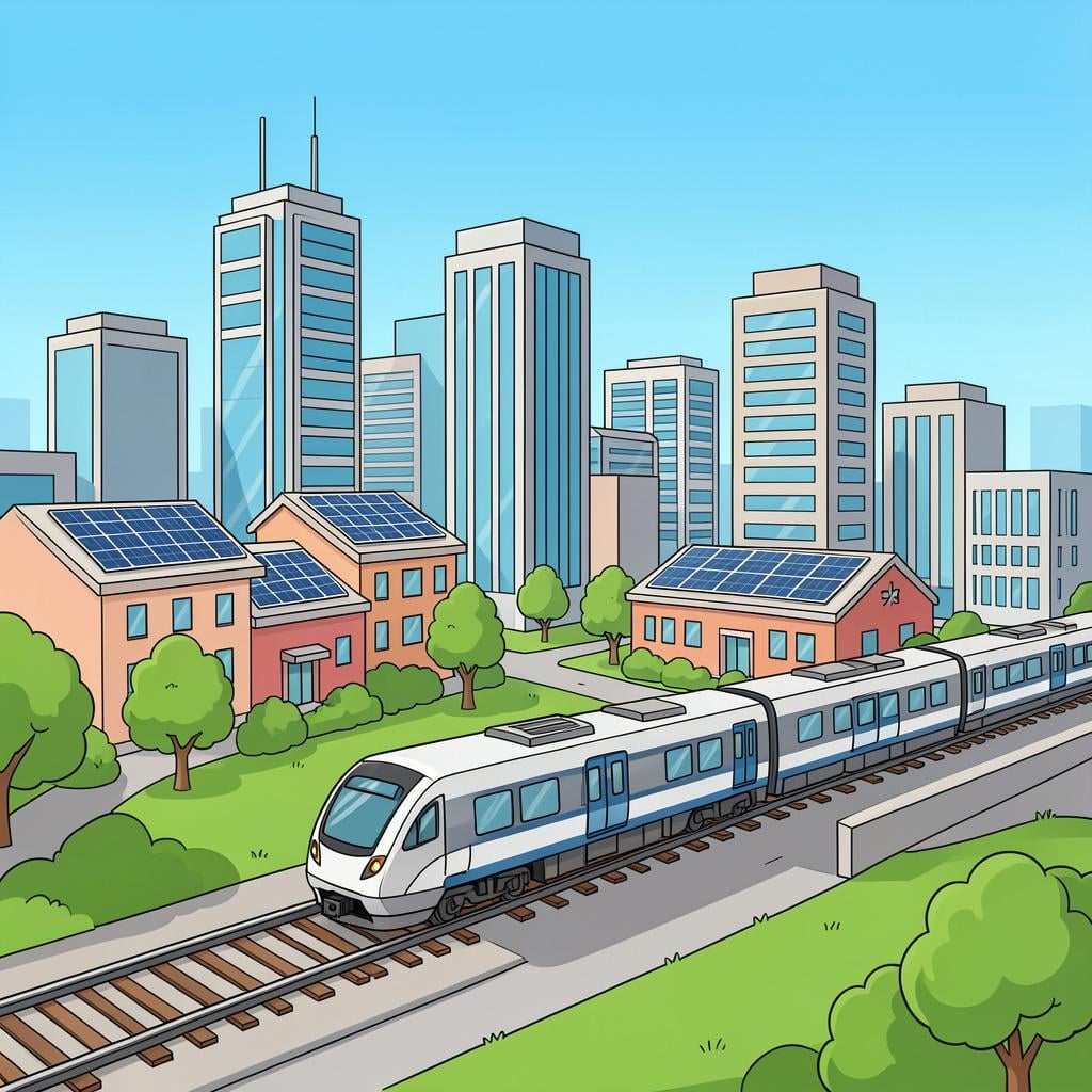 A modern cityscape with clean streets, solar panels, and a high-speed train.