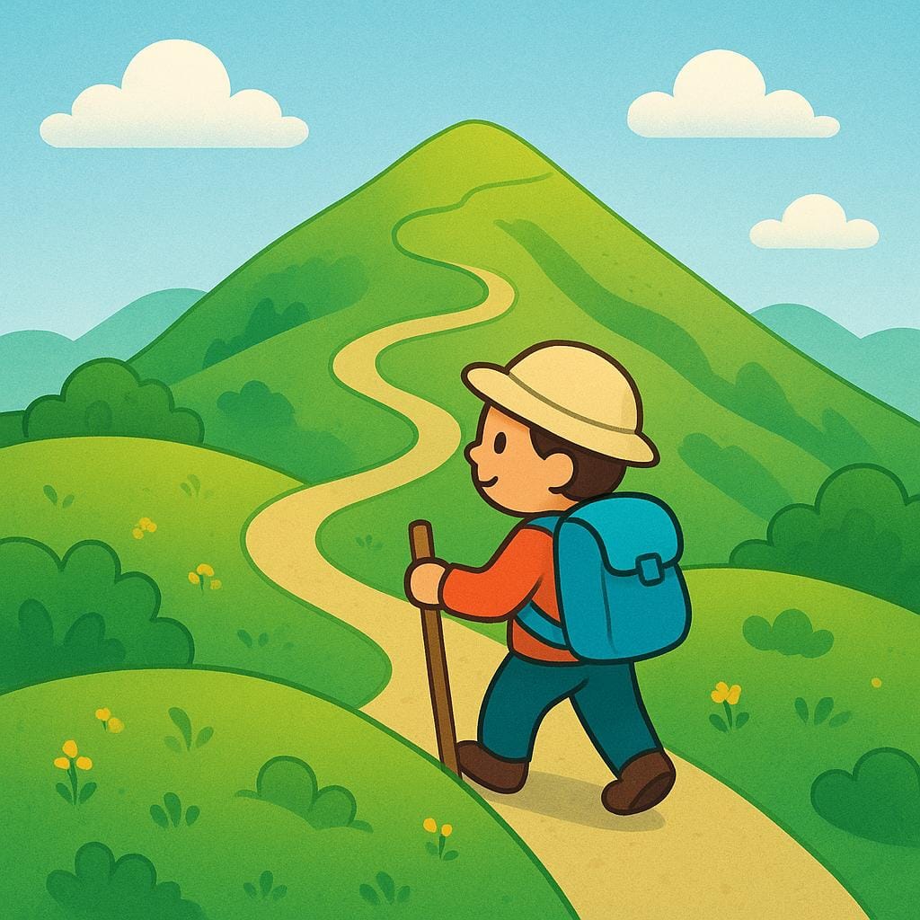 A small stylized character hiking up a steep, winding mountain path towards the summit.
