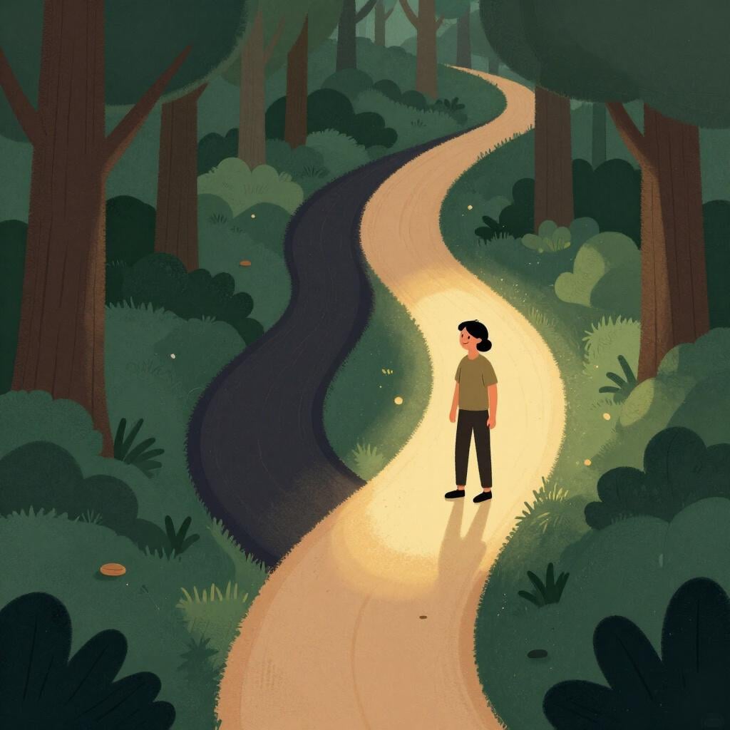Een kleurrijke illustratie uit een prentenboek van een persoon die op een splitsing in een pad staat en vol vertrouwen het pad kiest dat oplicht met een zacht, warm licht.