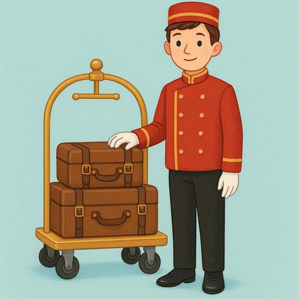 Een lachend persoon in uniform die een stapel koffers vasthoudt naast een bagagewagen.
