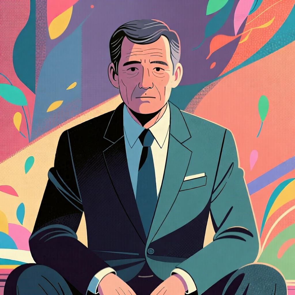 A portrait of a mature man wearing formal attire, sitting upright with his hands clasped. He has a perfectly straight mouth and a neutral, unsmiling expression, conveying a serious mood.