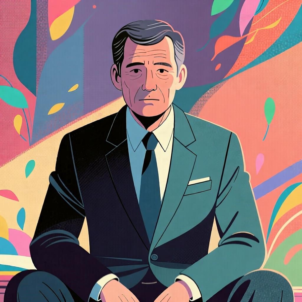 A portrait of a mature man wearing formal attire, sitting upright with his hands clasped. He has a perfectly straight mouth and a neutral, unsmiling expression, conveying a serious mood.