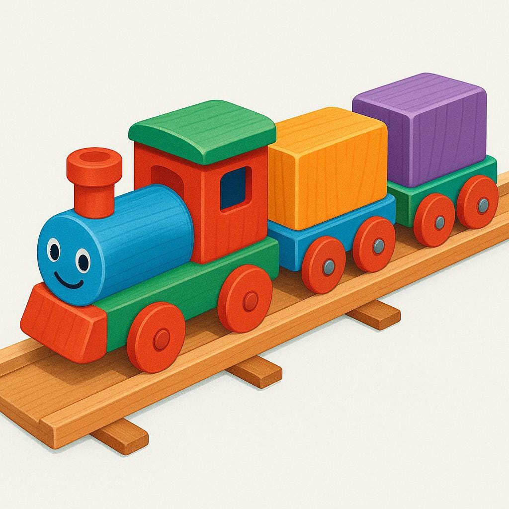 A brightly colored toy train set, consisting of an engine and three cars, all connected perfectly on a wooden track.