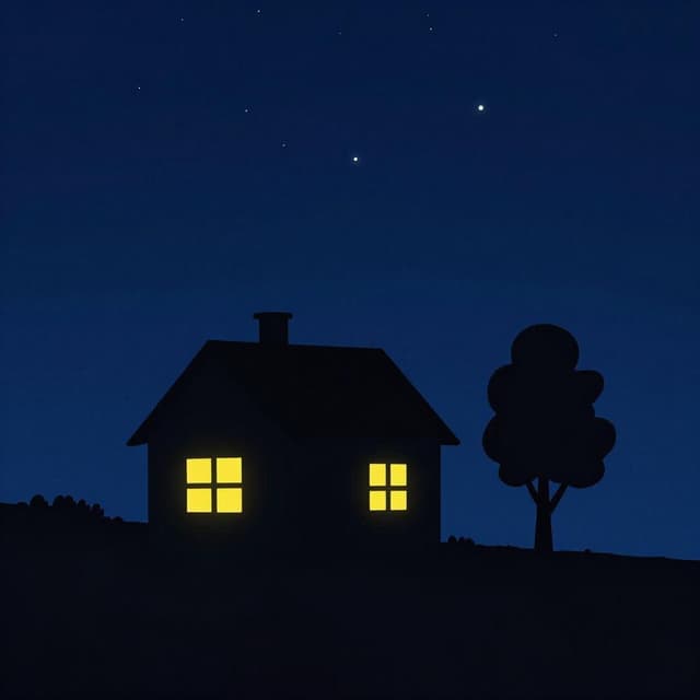 A cozy house with glowing yellow windows under a deep dark blue evening sky with a few stars.