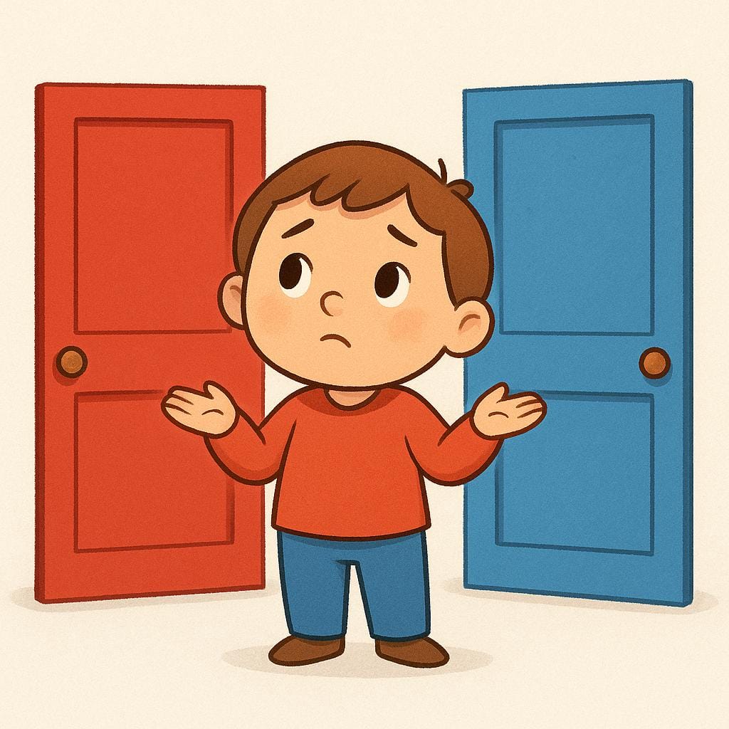A friendly cartoon character standing between two simple, closed doors, one red and one blue, with a thoughtful, slightly puzzled expression and a small shrug, indicating they are trying to suppose or guess which door to choose.