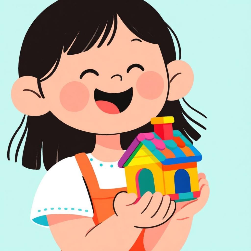A young girl is proudly holding her own, brightly colored toy house, emphasizing that it belongs exclusively to her.