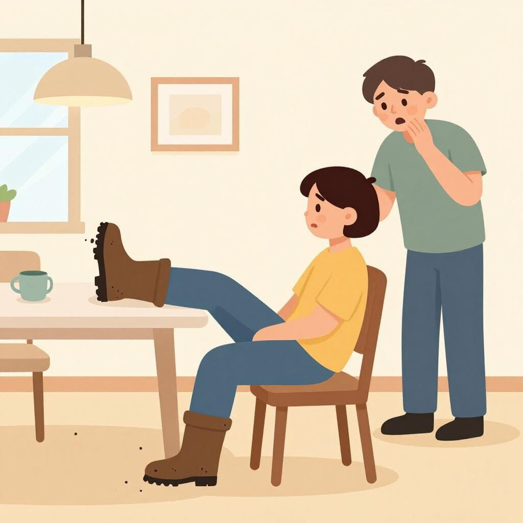 A person with their feet on a dining table while another person looks upset.