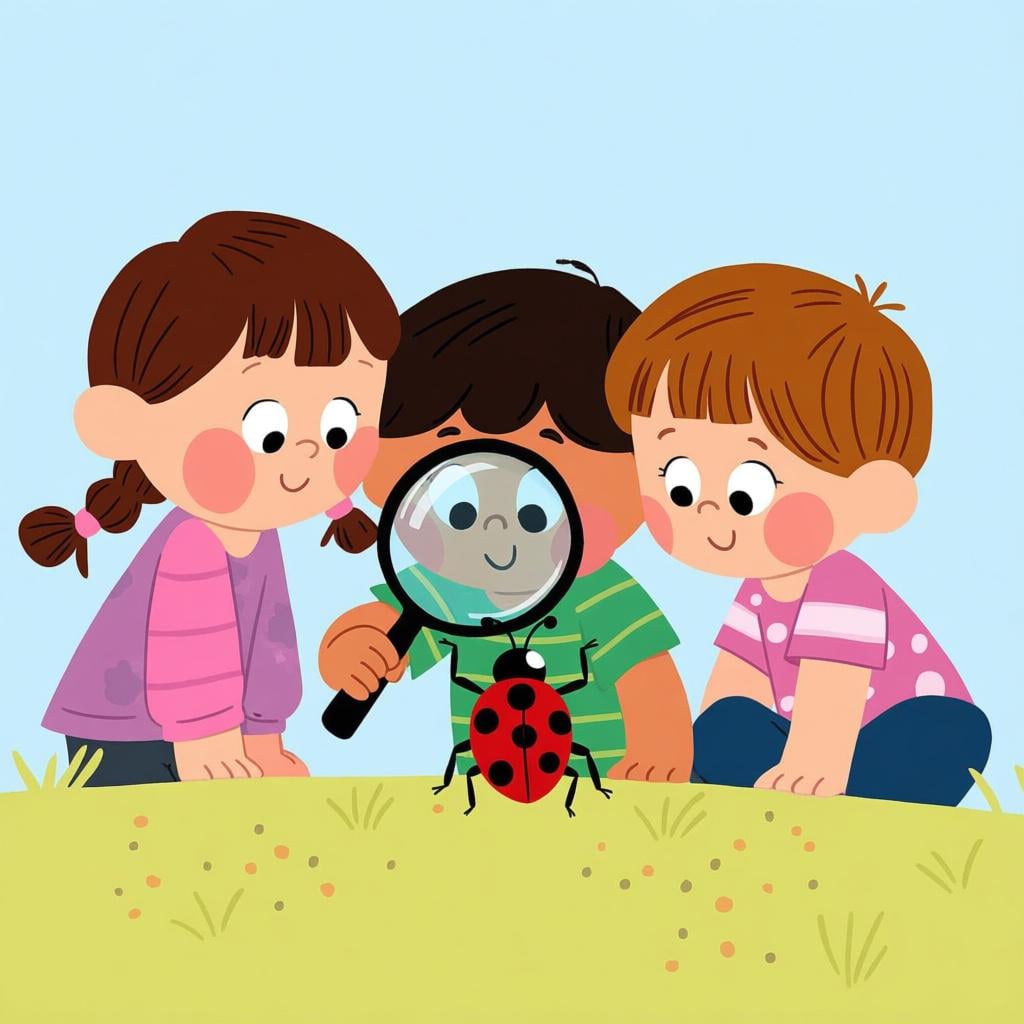 Three children are gathered closely, using a large magnifying glass to examine a ladybug on a leaf, illustrating characteristic curiosity.