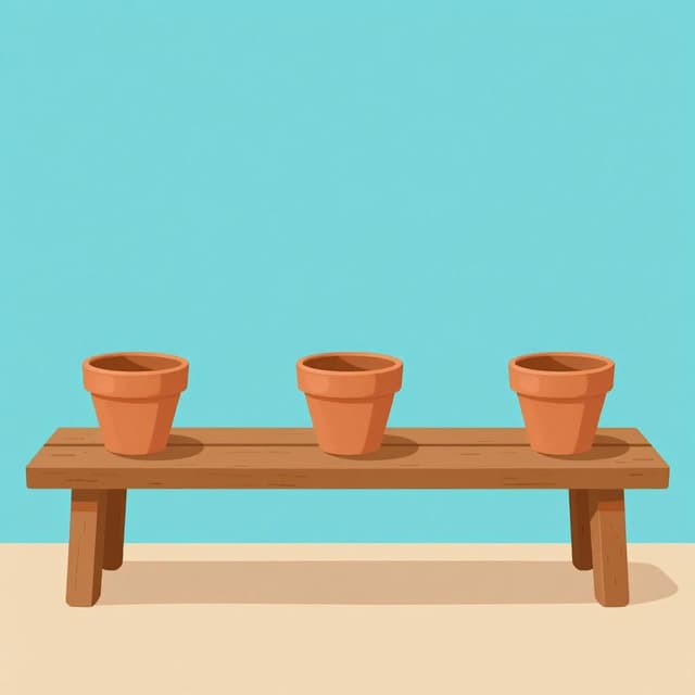 A row of colorful potted plants placed far apart from each other on a long wooden bench.