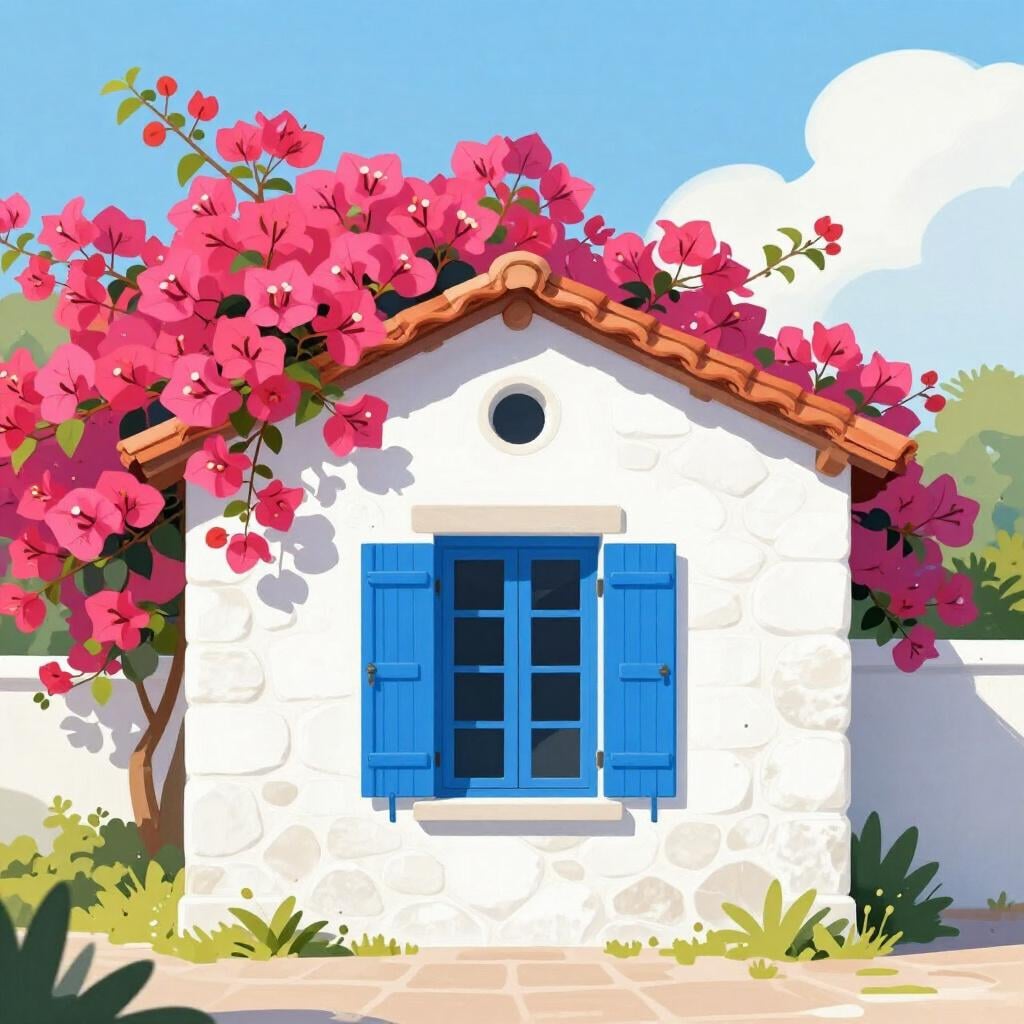 A sun-drenched white villa with blue shutters and bright pink bougainvillea flowers overlooking a coast.