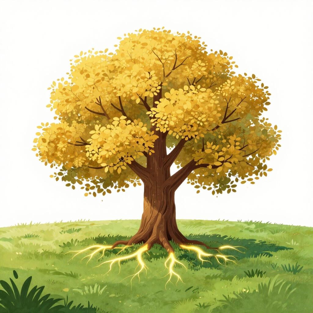 A vibrant green tree with glowing roots and golden leaves standing tall in a lush field under a bright sun.