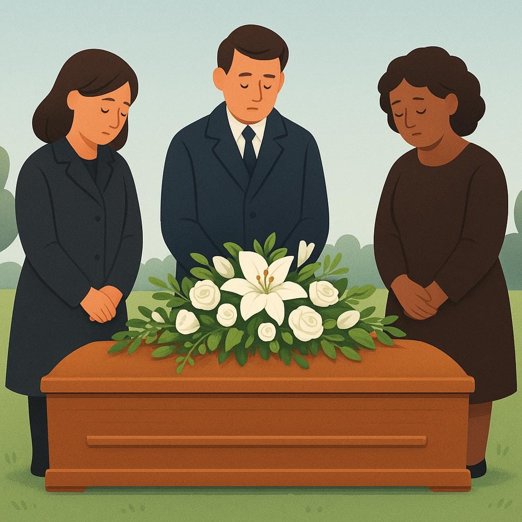 A group of people dressed in dark clothing standing solemnly around a wooden coffin adorned with white flowers.
