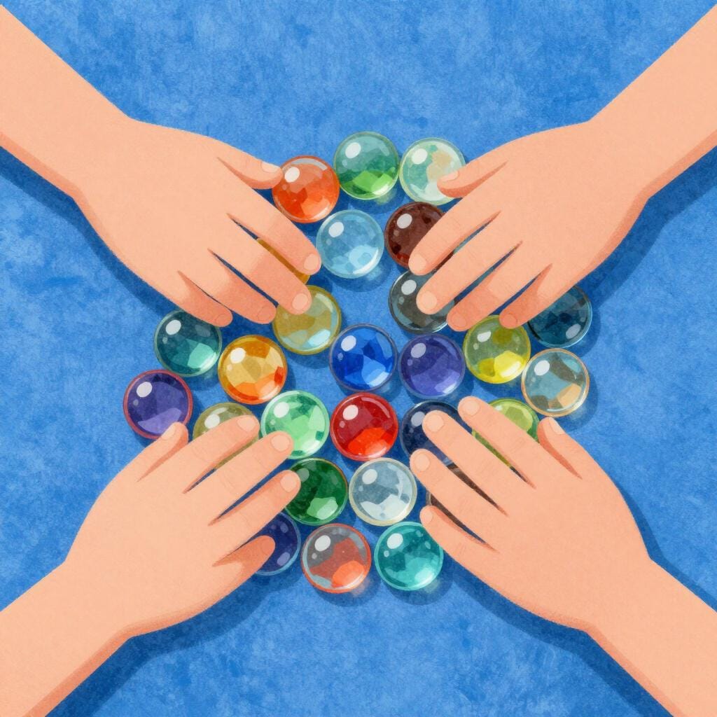 A collection of colorful marbles being gathered into the center of a circular rug.