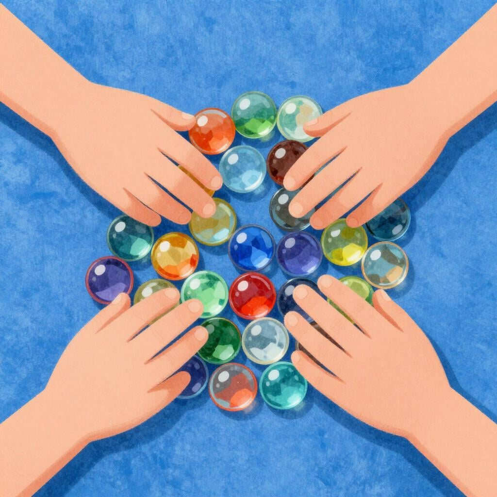 A collection of colorful marbles being gathered into the center of a circular rug.