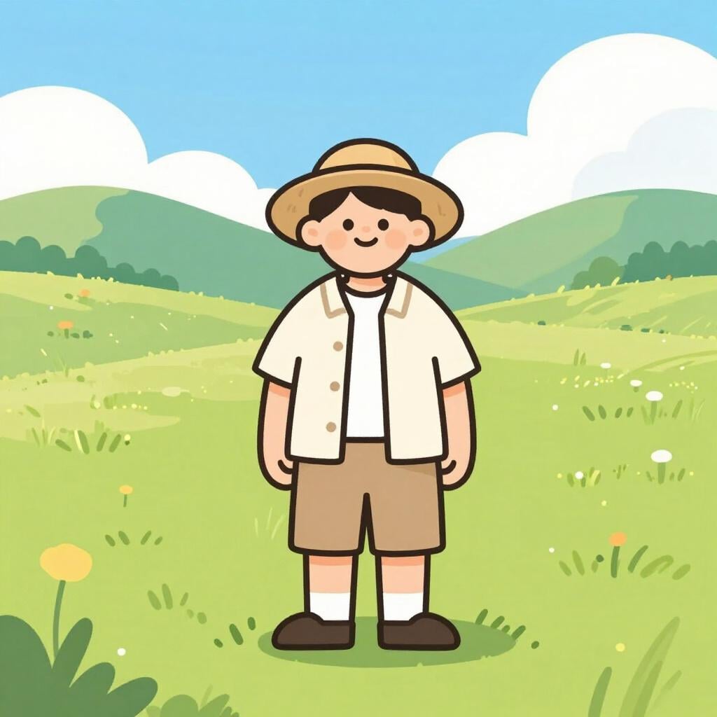 A person wearing a sun hat and light summer clothes standing in a sunny field.