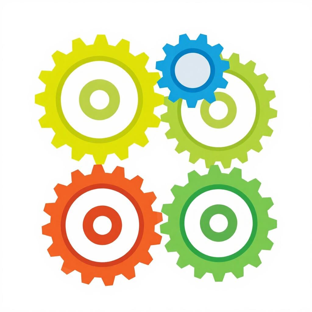 A row of colorful gears fitting perfectly together and turning smoothly.