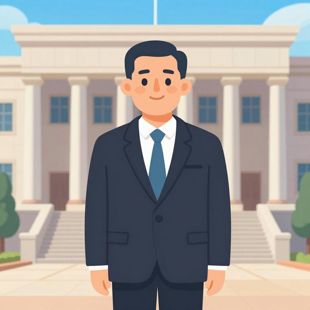 A dignified leader in a formal suit standing proudly in front of a grand government building with stone columns.