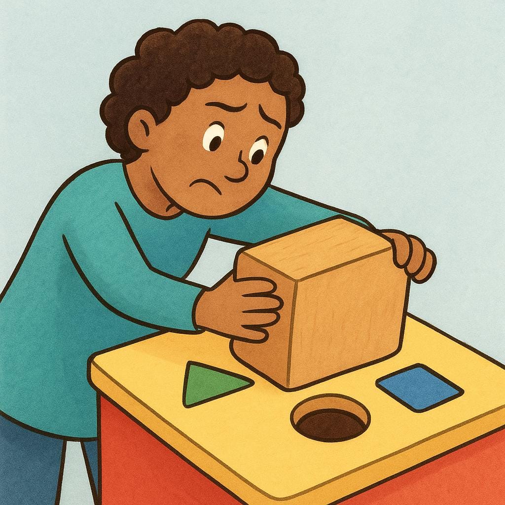 Une illustration colorée de livre pour enfants d'une femme l'air confuse essayant de forcer un grand bloc de bois carré dans un petit trou rond sur une boîte à trier pour enfants, illustrant une action stupide.