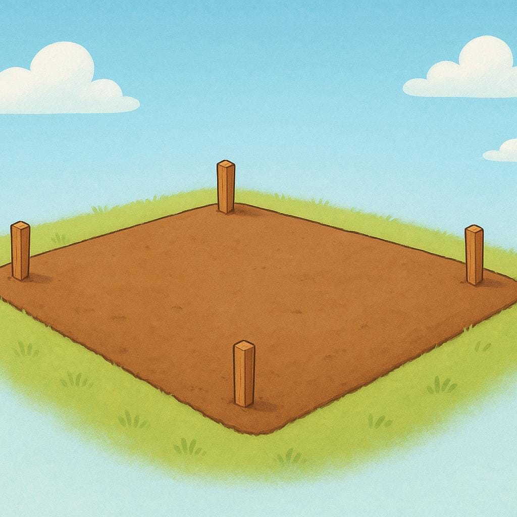 A simple, empty rectangular plot of brown soil delimited by small wooden stakes at the corners.